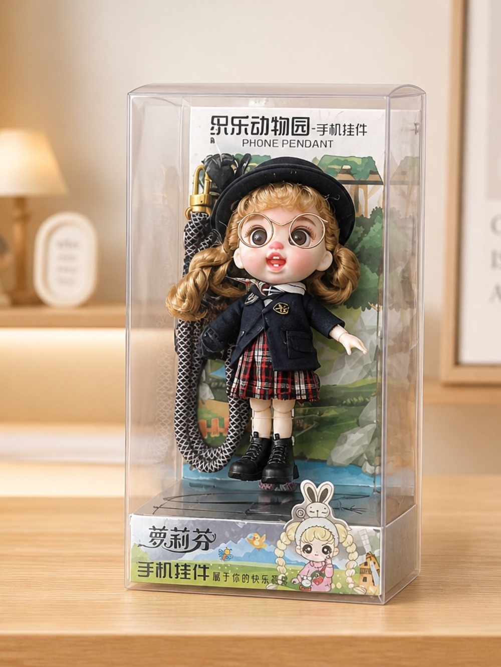 Phone Pendant Doll Keychain - Black & Red Schoolgirl Style